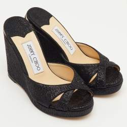 Pre Owned Jimmy Choo Almer Size 34.5 Black Metallic Lurex Fabric Criss Cross Wedge Sandals