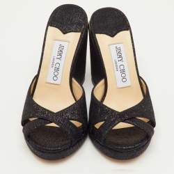Pre Owned Jimmy Choo Almer Size 34.5 Black Metallic Lurex Fabric Criss Cross Wedge Sandals