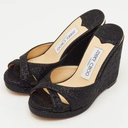 Pre Owned Jimmy Choo Almer Size 34.5 Black Metallic Lurex Fabric Criss Cross Wedge Sandals