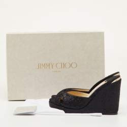 Pre Owned Jimmy Choo Almer Size 34.5 Black Metallic Lurex Fabric Criss Cross Wedge Sandals