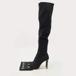 مملوكة مسبقًا Jimmy Choo Size 39 Black Leather and Mesh Open Toe Over The Knee Boots