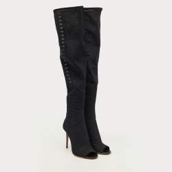 مملوكة مسبقًا Jimmy Choo Size 39 Black Leather and Mesh Open Toe Over The Knee Boots