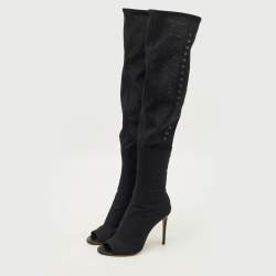 مملوكة مسبقًا Jimmy Choo Size 39 Black Leather and Mesh Open Toe Over The Knee Boots