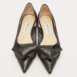 Pre Owned Jimmy Choo Size 41 Black Leather and Mesh Bow Ballet Flats