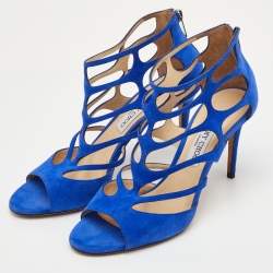 مملوكة مسبقًا Jimmy Choo Ren Size 40.5 Blue Suede Caged Ankle Strap Sandals