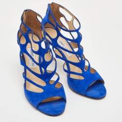مملوكة مسبقًا Jimmy Choo Ren Size 40.5 Blue Suede Caged Ankle Strap Sandals