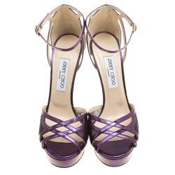 مملوكة مسبقًا Jimmy Choo Metallic Purple Leather and Lace Laurita Platform Ankle Strap Sandals Size 40
