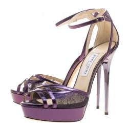 مملوكة مسبقًا Jimmy Choo Metallic Purple Leather and Lace Laurita Platform Ankle Strap Sandals Size 40