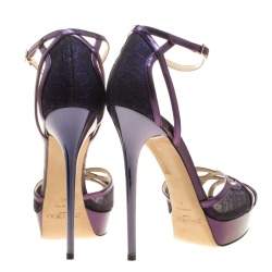 مملوكة مسبقًا Jimmy Choo Metallic Purple Leather and Lace Laurita Platform Ankle Strap Sandals Size 40