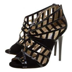 Pre Owned Jimmy Choo Black Patent Leather and Suede Vector Cut Out Cage Sandals Size 37