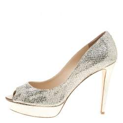 Jimmy Choo Silver Glitter Fabric Dahlia Platform Peep Toe Pumps Size 41