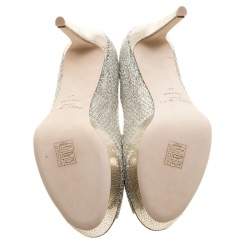 Jimmy Choo Silver Glitter Fabric Dahlia Platform Peep Toe Pumps Size 41