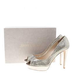 Jimmy Choo Silver Glitter Fabric Dahlia Platform Peep Toe Pumps Size 41