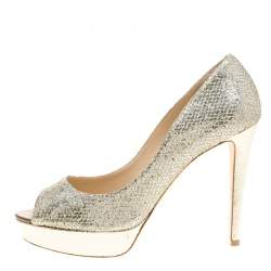 Pre Owned Jimmy Choo Metallic Champagne Glitter Fabric Dahlia Platform Peep Toe Pumps Size 40.5