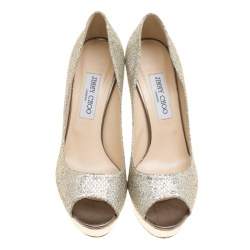 Pre Owned Jimmy Choo Metallic Champagne Glitter Fabric Dahlia Platform Peep Toe Pumps Size 40.5