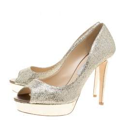 Pre Owned Jimmy Choo Metallic Champagne Glitter Fabric Dahlia Platform Peep Toe Pumps Size 40.5