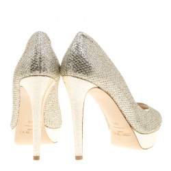 Pre Owned Jimmy Choo Metallic Champagne Glitter Fabric Dahlia Platform Peep Toe Pumps Size 40.5