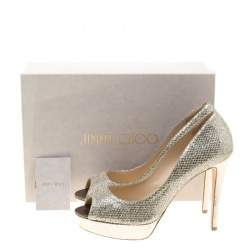 Pre Owned Jimmy Choo Metallic Champagne Glitter Fabric Dahlia Platform Peep Toe Pumps Size 40.5