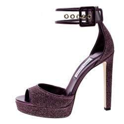 Pre Owned Jimmy Choo Metallic Berry Purple Lamè Fabric and PVC Mayner Peep Toe Ankle Cuff Sandals Size 41