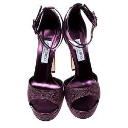 Pre Owned Jimmy Choo Metallic Berry Purple Lamè Fabric and PVC Mayner Peep Toe Ankle Cuff Sandals Size 41
