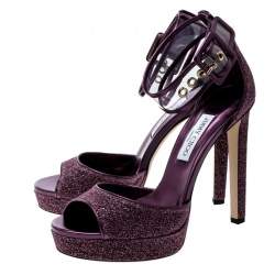 Pre Owned Jimmy Choo Metallic Berry Purple Lamè Fabric and PVC Mayner Peep Toe Ankle Cuff Sandals Size 41
