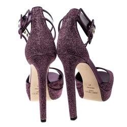 Pre Owned Jimmy Choo Metallic Berry Purple Lamè Fabric and PVC Mayner Peep Toe Ankle Cuff Sandals Size 41