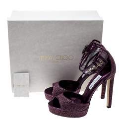 Pre Owned Jimmy Choo Metallic Berry Purple Lamè Fabric and PVC Mayner Peep Toe Ankle Cuff Sandals Size 41