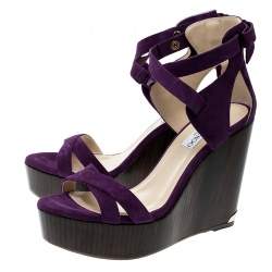 Jimmy Choo Purple Suede Naomi Cross Strap Bow Detail Wedge Sandals Size 41