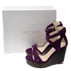 Jimmy Choo Purple Suede Naomi Cross Strap Bow Detail Wedge Sandals Size 41
