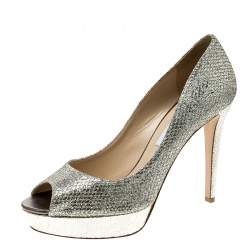 Jimmy Choo Metallic Champagne Lamè Glitter Fabric Dahlia Platform Peep Toe Pumps Size 41