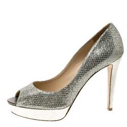 Jimmy Choo Metallic Champagne Lamè Glitter Fabric Dahlia Platform Peep Toe Pumps Size 41