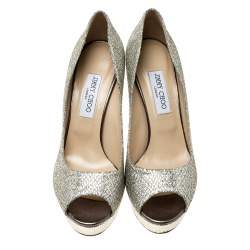 Jimmy Choo Metallic Champagne Lamè Glitter Fabric Dahlia Platform Peep Toe Pumps Size 41