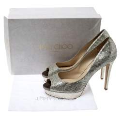 Jimmy Choo Metallic Champagne Lamè Glitter Fabric Dahlia Platform Peep Toe Pumps Size 41