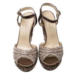 Jimmy Choo Light Mocha Raffia and Embroidered Coarse Glitter Perla Peep Toe Wedge Sandals Size 40