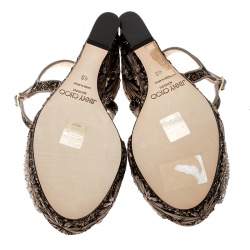 Jimmy Choo Light Mocha Raffia and Embroidered Coarse Glitter Perla Peep Toe Wedge Sandals Size 40