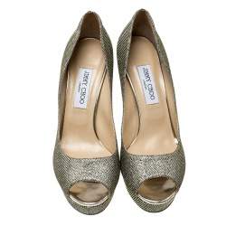 Pre Owned Jimmy Choo Metallic Gold Lamè Glitter Fabric Dahlia Platform Peep Toe Pumps Size 41