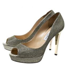 Pre Owned Jimmy Choo Metallic Gold Lamè Glitter Fabric Dahlia Platform Peep Toe Pumps Size 41