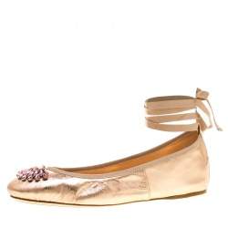 Pre Owned Jimmy Choo Metallic Rose Leather Grace Crystal Embellished Ankle Wrap Ballet Flats Size 41