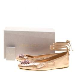 Pre Owned Jimmy Choo Metallic Rose Leather Grace Crystal Embellished Ankle Wrap Ballet Flats Size 41