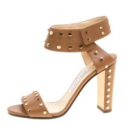 مملوكة مسبقًا صندل جيمي تشو مقدمة مفتوحة سيور كاحل فتو جلد مرصع ذهبي ميتالك مقاس 38