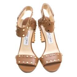 مملوكة مسبقًا صندل جيمي تشو مقدمة مفتوحة سيور كاحل فتو جلد مرصع ذهبي ميتالك مقاس 38