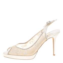 Pre Owned Jimmy Choo White Lace And Satin Nova Peep Toe Slingback Sandals Size 41