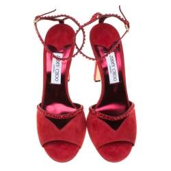 Jimmy Choo Red Suede Kara Crystal Embellished Ankle Strap Peep Toe Sandals Size 41