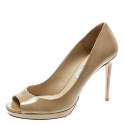 Pre Owned Jimmy Choo Beige Patent Leather Luna Peep Toe Platform Pumps Size 41