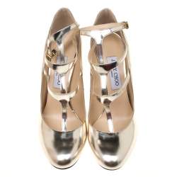 Jimmy Choo Metallic Gold Leather Doll Caged Round Toe Pumps Size 40.5