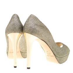 Pre Owned حذاء كعب عالي جيمي تشو نعل سميك مقدمة مفتوحة دهليا أربطة بنفسجي ميتالك مقاس 38