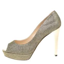 Pre Owned حذاء كعب عال�ي جيمي تشو نعل سميك مقدمة مفتوحة دهليا أربطة بنفسجي ميتالك مقاس 38