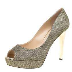 Jimmy Choo Metallic Gold Lamè Glitter Fabric Dahlia Platform Peep Toe Pumps Size 41