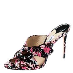 Pre Owned Jimmy Choo Multicolor Floral Print Satin Keely Knotted Bow Peep Toe Slides Size 41