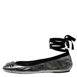 Pre Owned Jimmy Choo Metallic Grey Leather Grace Crystal Embellished Ankle Wrap Ballet Flats Size 40